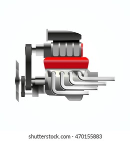 V8 engine, side view, isolated on white, vector illustration