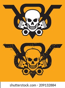 V8 engine vector emblem with skull and crossed pistons. Includes clean and grunge versions.