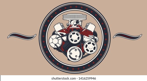 V8 Engine in vector. Illustration in vintage colors.