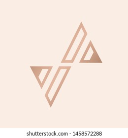 VA, AV monogram.Typographic logo with letter v and letter a.Uppercase alphabet initials.Lettering icon in rose gold metallic color isolated on light background.Geometric style sign.Characters shape.