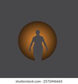 vA centered silhouette of a person, likely a man, depicted within a circular warm orange-toned spotlight or halo. The muted gray-brown background contrasts beautifully with the vibrant spotlight.