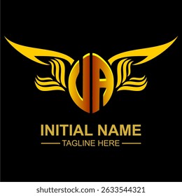 VA Golden Wing Emblem Logo with elegant gold wings, sleek and modern design. Ideal for branding, creative projects, luxury businesses, or artistic ventures.