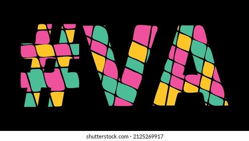 VA Hashtag. Tricolor isolated letters from contrast flowing fluid shapes. 3 colored Hashtag #VA is abbreviation for the US American state Virginia for social network, web resources, mobile app