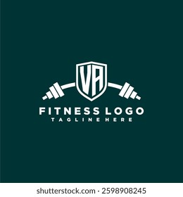 VA initial monogram for fitnes or gym logo with creative shield and barbell design