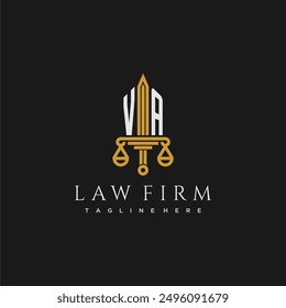 VA initial monogram for lawfirm logo with sword and scale