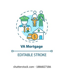 VA Mortgage Concept Icon. Veterans Affairs Type Idea Thin Line Illustration. Direct Home Loan. Mortgage Lender. Refinance Rate. Vector Isolated Outline RGB Color Drawing. Editable Stroke