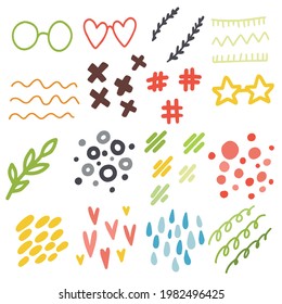 VA set of vector elements for the design of children's cards, banners, and stickers. Hearts, stars, glasses, masks, bars of bright colors.