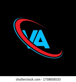 VA V A letter logo design. Initial letter VA linked circle uppercase monogram logo red and blue. VA logo, V A design. va, v a