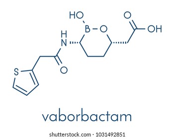 Vaborbactam drug molecule. Beta-lactamase inhibitor co-administered with meropenem to block degradation of the latter by carbapenemase enzymes. Skeletal formula.
