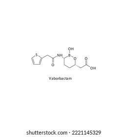 Vaborbactam flat skeletal molecular structure β-lactamase inhibitor drug used in bacterial infection treatment. Vector illustration.