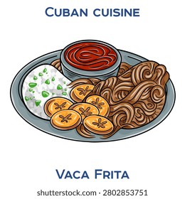 Vaca Frita. A popular dish in Cuban cuisine. Hand-drawn vector illustration. 