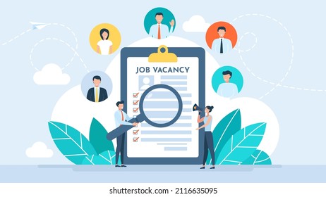 Vacancy analysis. Research resume.  Job vacancy. Hr agency. Job hiring, online recruitment. Applicants queue for consideration. Agency interview. Job search metaphor. Hiring concept. Vector set