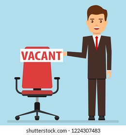 Vacancy, a businessman shows up on a chair with a vacancy. Search for an employee. Vector illustration of a recruitment manager.