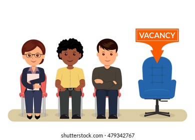 Vacancy. Cartoon people sitting on chairs awaiting an interview for employment. Recruitment. HR management. Vector illustration in the flat style.
