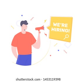 Vacancy concept, hiring, make announcement, young man with loudspeaker, advertising banner template, flat people vector