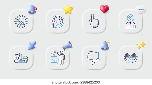 Vacancy, Cyber attack and Safe time line icons. Buttons with 3d bell, chat speech, cursor. Pack of Cleaning service, Dislike hand, Hand click icon. Strategy, Save planet pictogram. Vector