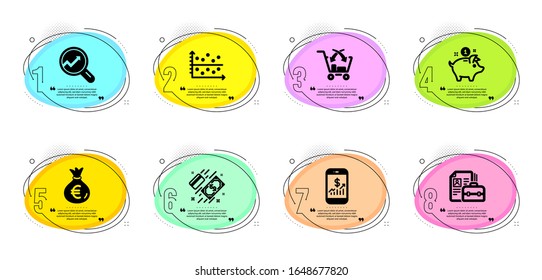 Vacancy, Dot plot and Analytics signs. Timeline infographic. Saving money, Mobile finance and Payment line icons set. Cross sell, Money bag symbols. Piggy bank, Phone accounting. Finance set. Vector