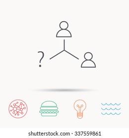 Vacancy or hire job icon. Teamwork sign. Question mark symbol. Global connect network, ocean wave and burger icons. Lightbulb lamp symbol.