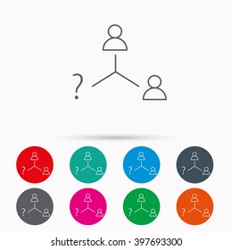 Vacancy or hire job icon. Teamwork sign. Question mark symbol. Linear icons in circles on white background.