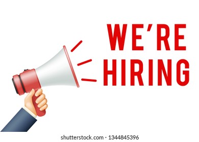 Vacancy hiring announcement hand hold handheld megaphone important recruitment advertising realistic 3d cartoon design vector illustration