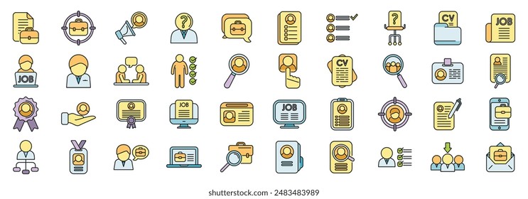 Vacancy icons set outline vector. Job cv. Hiring portfolio thin line color flat on white