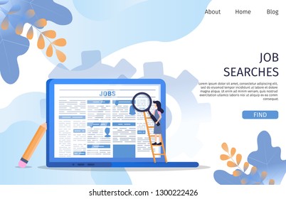 Vacancy Job Search Employee Character at Laptop. Woman Looking for Manager Career Occupation. Corporate Employer Find Professional Contract Cv Banner Flat Cartoon Vector Illustration