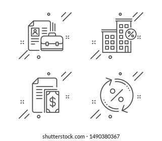 Vacancy, Loan House And Payment Line Icons Set. Loan Percent Sign. Hiring Job, Discount Percent, Cash Money. Change Rate. Finance Set. Line Vacancy Outline Icon. Vector