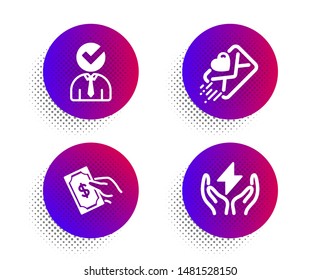 Vacancy, Pay money and Love letter icons simple set. Halftone dots button. Safe energy sign. Businessman concept, Hold cash, Heart. Thunderbolt. People set. Classic flat vacancy icon. Vector