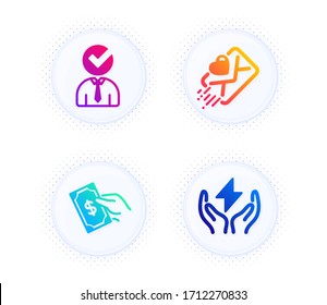 Vacancy, Pay money and Love letter icons simple set. Button with halftone dots. Safe energy sign. Businessman concept, Hold cash, Heart. Thunderbolt. People set. Gradient flat vacancy icon. Vector