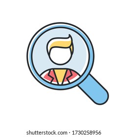 Vacancy RGB color icon. Hire employee. Recruit for position. Looking for human resources, head hunting. Company search for candidate. Magnifying glass search for person. Isolated vector illustration
