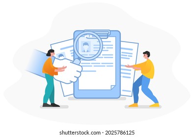 Vacancy, search for employee, recruitment. Two people stand near big document, applicant resume. Modern vector illustration