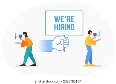 Vacancy, search for employee, recruitment. Two people with megaphone stand near big we're hiring sign. Modern vector illustration