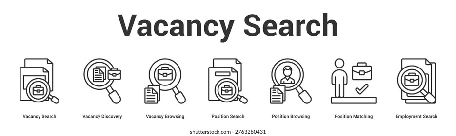 Vacancy Search web banner icon set vector illustration concept for business with icon of Vacancy Search, Vacancy Discovery, Vacancy Browsing, Position Search, Position Browsing, Position Matchi.