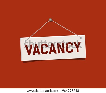 Vacancy sign hanging on red wall. Realistic sign Vacancy hang on nail. Vector illustration in flat style.	