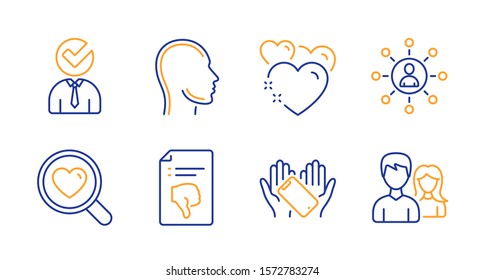 Vacancy, Thumb down and Networking line icons set. Head, Heart and Smartphone holding signs. Search love, Couple symbols. Businessman concept, Decline file. People set. Line vacancy icon. Vector