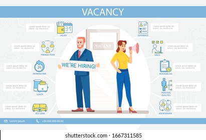 Vacancy Vector Infographic Template. Executive UI Web Banner With Flat Characters. Hiring For Job Position. Corporate Career Opportunity. Cartoon Advertising Flyer, Leaflet, Ppt Info Poster Idea