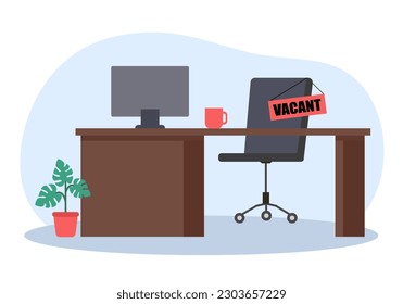 Vacant chair and office desk in flat design. Recruitment. We are hiring.