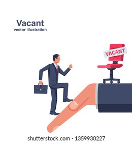 Vacant concept. Businessman running to a new job. Vector illustration flat design. Career position. Office empty chair hold in hand with sign as symbol of an recruiting to work. Hiring staff.