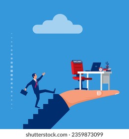 Vacant concept. Businessman running to a new job. Vector illustration flat design. Career position. Office empty chair hold in hand with sign as symbol of an recruiting to work. Hiring staff.