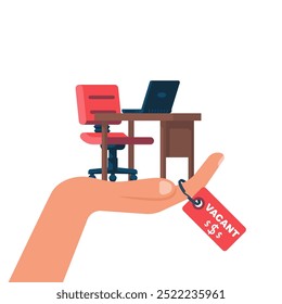 Vacant concept. Empty office desk with job offer tag. Sign as symbol of an recruiting to work. Hiring staff. Vector illustration flat design. Isolated on background. Career position.