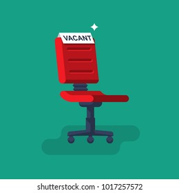 Vacant concept. Office empty chair with sign as symbol of an recruiting to work. Hiring staff. Vector illustration flat design. Isolated on background. Career position.