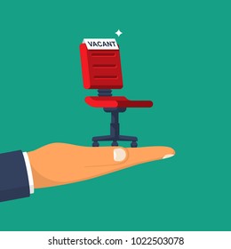 Vacant concept. Office empty chair hold in hand with sign as symbol of an recruiting to work. Hiring staff. Vector illustration flat design. Isolated on background. Career position.