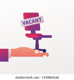 Vacant concept. Office empty chair hold in hand with sign as symbol of an recruiting to work. Hiring staff. Vector illustration flat design. Isolated on background. Career position.