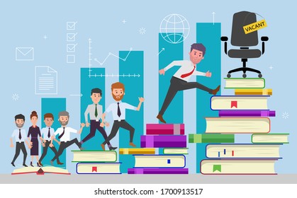 Vacant job. Business and self education, books and business people. Woman man want to take work vector concept. Self-education on books for continuing education and career advancement.