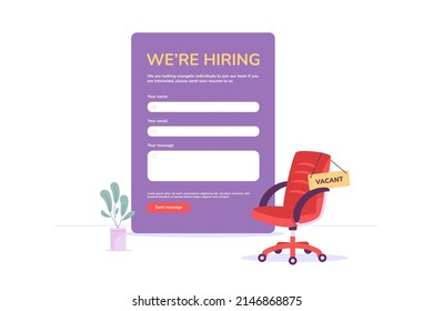 Vacant job chair. Free new vacancy ad job hiring, announcement wanted hire manager recruiting advertisement, vector illustration. Vacant place to career job, vacancy empty