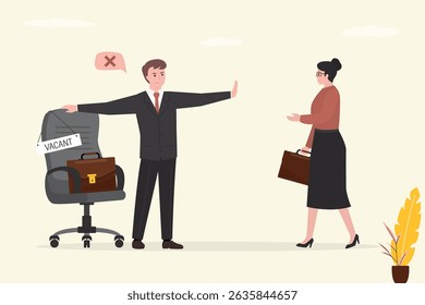 Vacant office chair. Male hr agent and woman job seeker. Gender inequality in career opportunities for men and women, concept of gender inequality in business. flat vector illustration