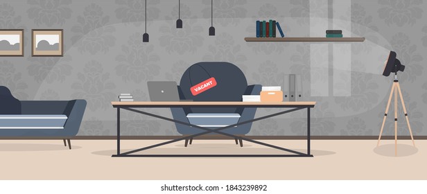 Vacant place banner. Search for a leader. Loft style table. Workplace, books, documents, laptop. Vector.