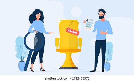 Vacant place. Girl with a magnifying glass. A guy holds a resume and shows the class. Chair Golden Boss. The concept of finding people for work. Vector