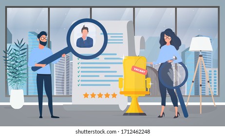 Vacant place. The guy under the magnifying glass reviews the resume. Girl shows on a vacant place. The concept of finding people for work. Vector