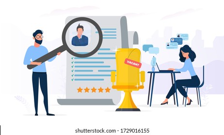 Vacant place. The guy under the magnifying glass reviews the resume. The girl at the computer is looking for new employees. The concept of finding people for work. Vector